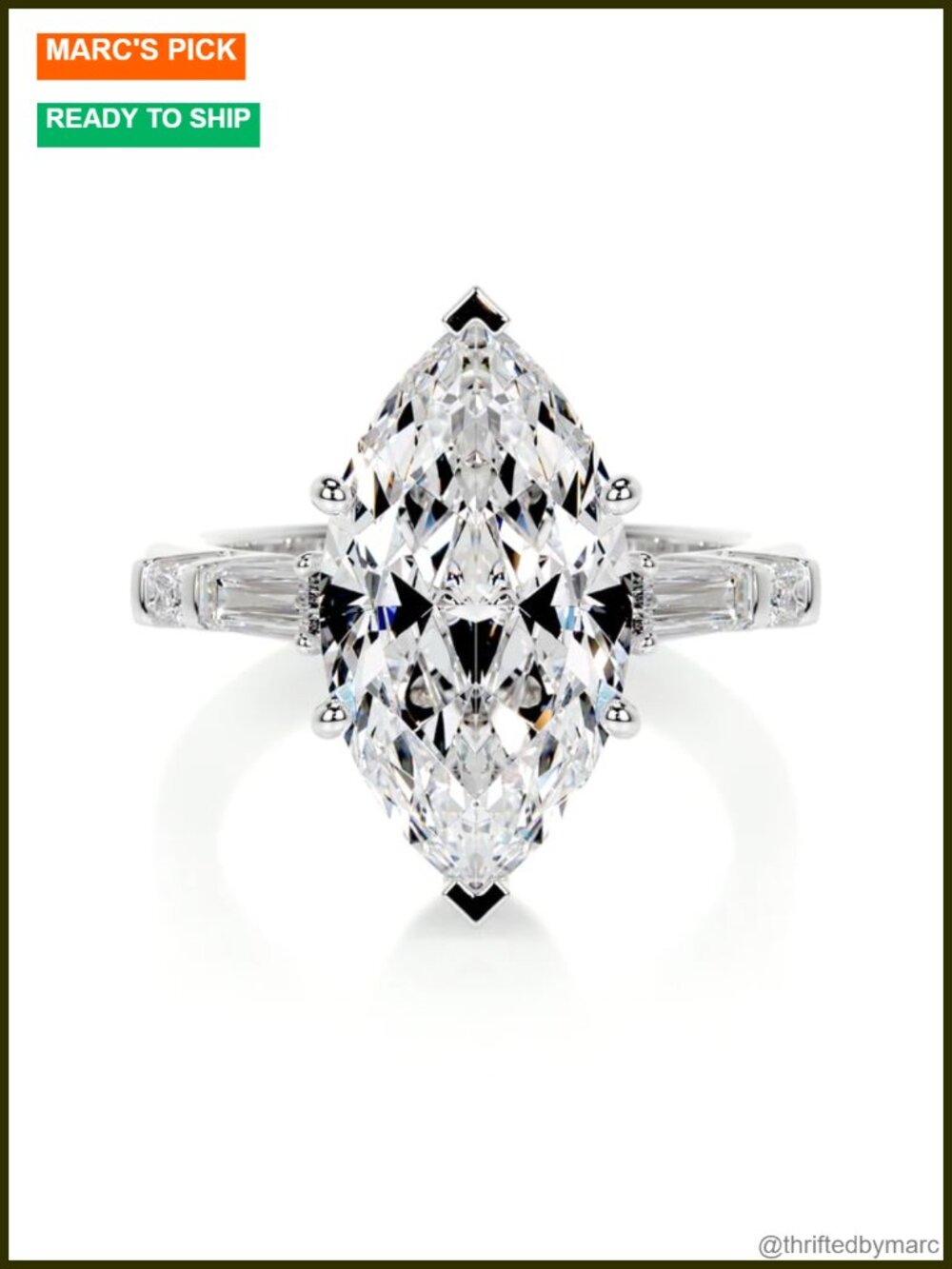 4.3 Carat Marquise Moissanite Engagement Ring Platinum Plated Silver